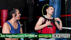 Wrestling turns into deepthroat blowjob she swallows his huge load of protein cum!