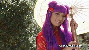 sexy chinese babe in red satin cheongsam fingers herself then rides fat cock hard