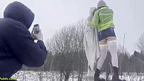 my horny girlfriend in miniskirt gets her pussy deep fucked by huge cock outdoors in snow while riding rough