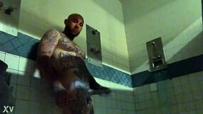 in prison, tattooed inmate jerks massive white cock to explosive wet cumshot solo