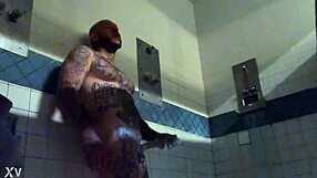 in prison, tattooed inmate jerks massive white cock to explosive wet cumshot solo