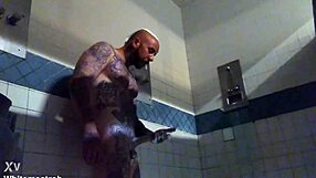 in prison, tattooed inmate jerks massive white cock to explosive wet cumshot solo