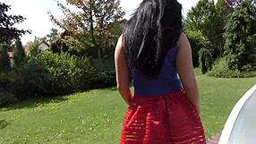 Amateur Teases Pussy Upskirt No Panties Short Skirt Garden Fresh Air 4k