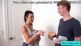 busty brunette teen kylie rocket slides wet nuru gel over her big tits for jimmy michaels sensual massage