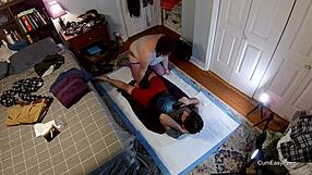 bbw liza soaks panties in golden shower, pisses on andy while stroking his cock everywhere.