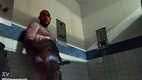 in prison, tattooed inmate jerks massive white cock to explosive wet cumshot solo