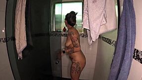 A tattooed carefree carioca bares juicy shaved pussy and big ass in her first mansion photoshoot wet and willing.
