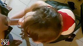 French Slut Deepthroats in Red Satin Bodysuit, Green Leather Pants, Heels