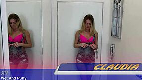 Petite Czech Brunette Claudia Macc Fingers Shaved Pussy to Orgasm with Black Dildo in Mirror