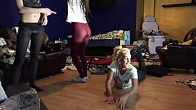 Petite 18+ coed college girls try on tight lingerie thongs panties turning nude into hardcore pussy tits party