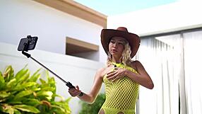 skinny oiled blonde wife with natural small tits rides young stallion cowboy style