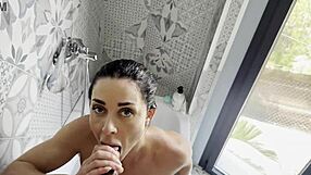 Bathtub blowjob builds to massive facial cumshot explosion