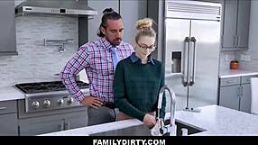 whoa, check out this skinny blonde teen stepdaughter riding her jealous stepdad's big dick on the kitchen counter