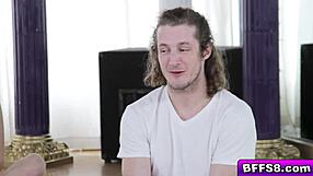 Horny yoga teen stretches flexible body fingering pussy while licking big cock