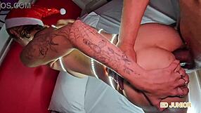 Bareback anal creampie in sheer lingerie turns Christmas into wild Brazilian interracial orgy