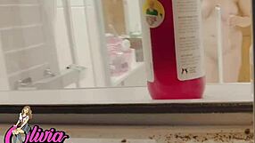 Your chubby British neighbor flashes big natural tits while shower fucking next door