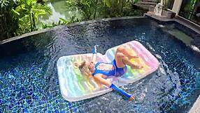 Skinny Blonde Gives Outdoor Pool Oral in Lingerie