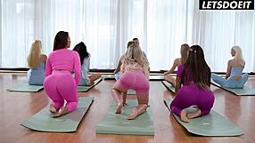 Yoga babes turn lesbian threesome strapon squirting face sitting big tits ass lick 😍👅💦