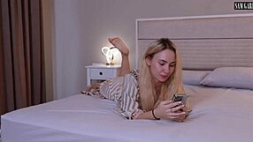 getting cozy in bed with this beautiful busty blonde ends in hot cum on face