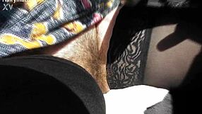 hairy milf flashes her wet beaver nude in public car ride