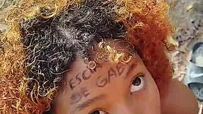 Brazilian ebony teen risks public beach blowjob deepthroat then monster cock facial