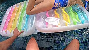 Skinny Blonde Gives Outdoor Pool Oral in Lingerie