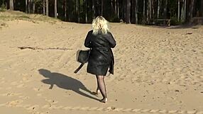 woman struts boldly in fishnet bodystocking and heels