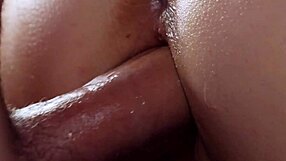 Close-up creampie fills swollen tight pussy lips in every detail
