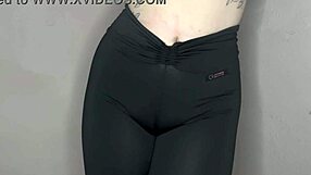 whispering asmr while teasing cameltoe in tight black yoga leggings up close