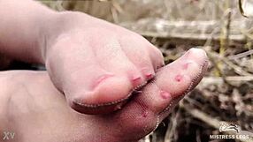 goddess wanders spring forest spreading legs teasing nylon pantyhose feet