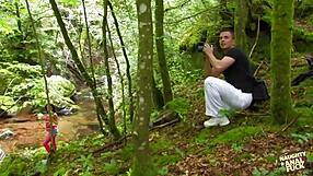 guy meets sexy brunette in forest for bent over outdoor anal