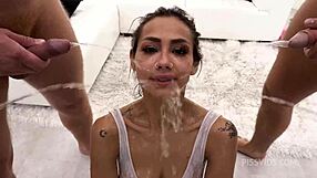 brunette colombian teen slut bent over takes big cock deep anal gangbang double penetration pounding