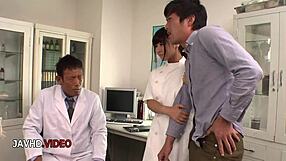 will this horny nurse's shaved pussy take brutal pounding in hospital threesome blowjob frenzy?