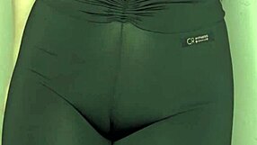 whispering asmr while teasing cameltoe in tight black yoga leggings up close