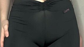 whispering asmr while teasing cameltoe in tight black yoga leggings up close