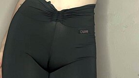 whispering asmr while teasing cameltoe in tight black yoga leggings up close