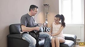 Old man sparks passion with petite teen in heels licking shaved pussy