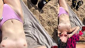 Skinny babe with big tits takes big cock creampie on public beach with boyfriend