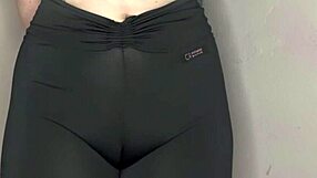 whispering asmr while teasing cameltoe in tight black yoga leggings up close