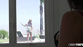 smoking hot busty milf in fishnets stockings tempts poolboy fucking with toy in ass bent over