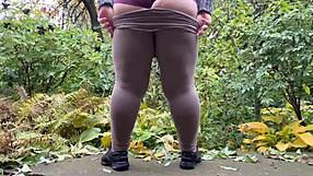 Mature bbw lover squats and pees in park bushes