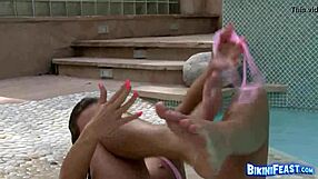 shaved bikini girl fingers pussy hard by pool solo wet orgasm