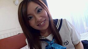 Fresh hairy pussy slut takes creampie fingering in cheerleader cosplay.