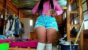 Big Booty Ebony Milf Tries Denim Shorts and Long Boots