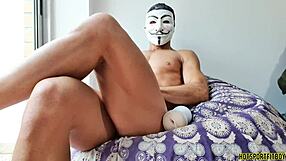 halloween freak! mysterious dude pounds fleshlight at window with ass finger action