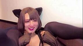 watching this sexy cat-ear ladyboy stroke live