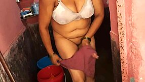 My cute indian wife strips naked in bathroom licking her clean shaved pussy and big boobs seductively