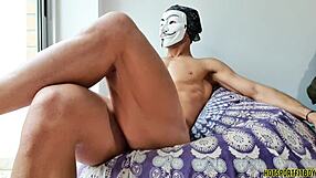 halloween freak! mysterious dude pounds fleshlight at window with ass finger action