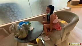 Johntronx bends petite pigtail Asian over for creampie interracial ride