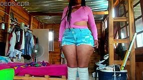 Big Booty Ebony Milf Tries Denim Shorts and Long Boots